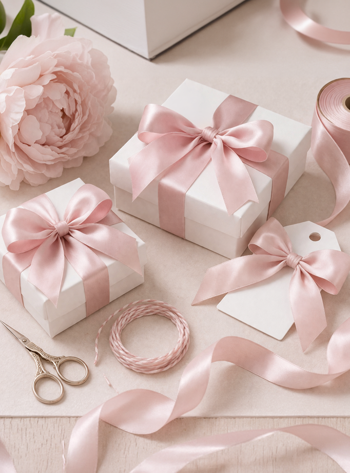 Estetski prikaz pakiranja darova s bijelim kutijama, ružičastim satenskim trakama, božurom i ukrasnim škarama.