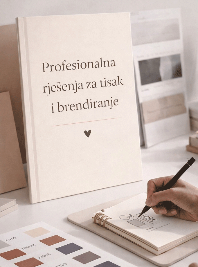 Katalog s natpisom "Profesionalna rješenja za tisak i brendiranje" uz dizajnerske skice i uzorke boja.